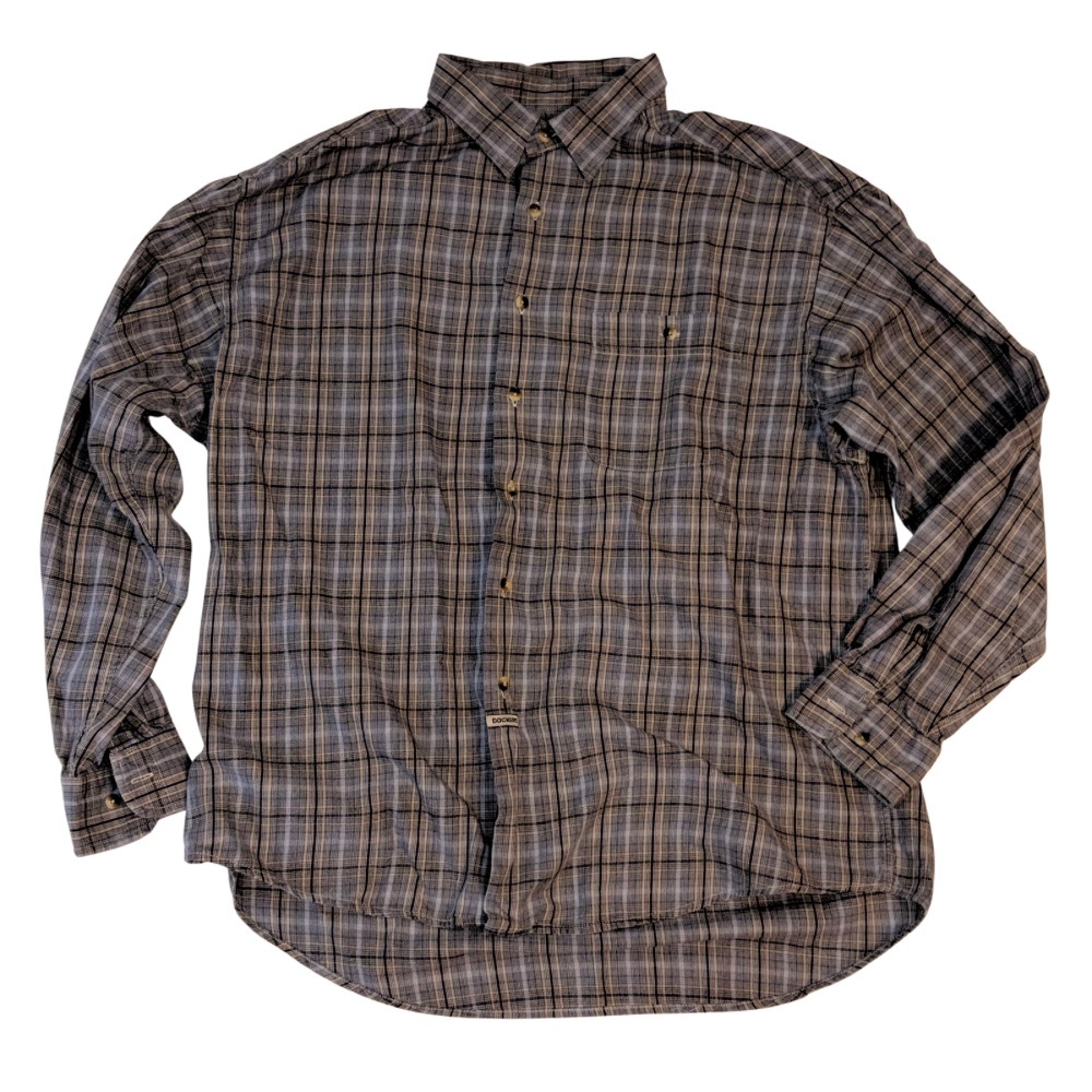 Vintage 90s Dockers Khakiware Plaid Shirt Men’s L Gray Beige Cotton Button Up